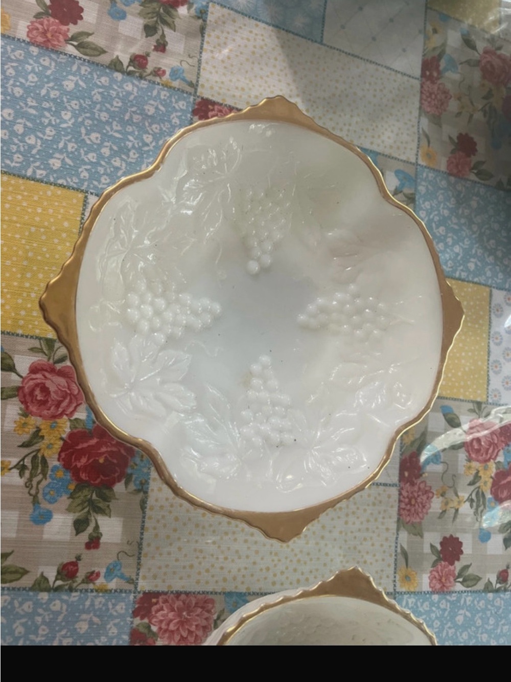 White Milk Glass Grape Pattern Bowl with Gold Trim